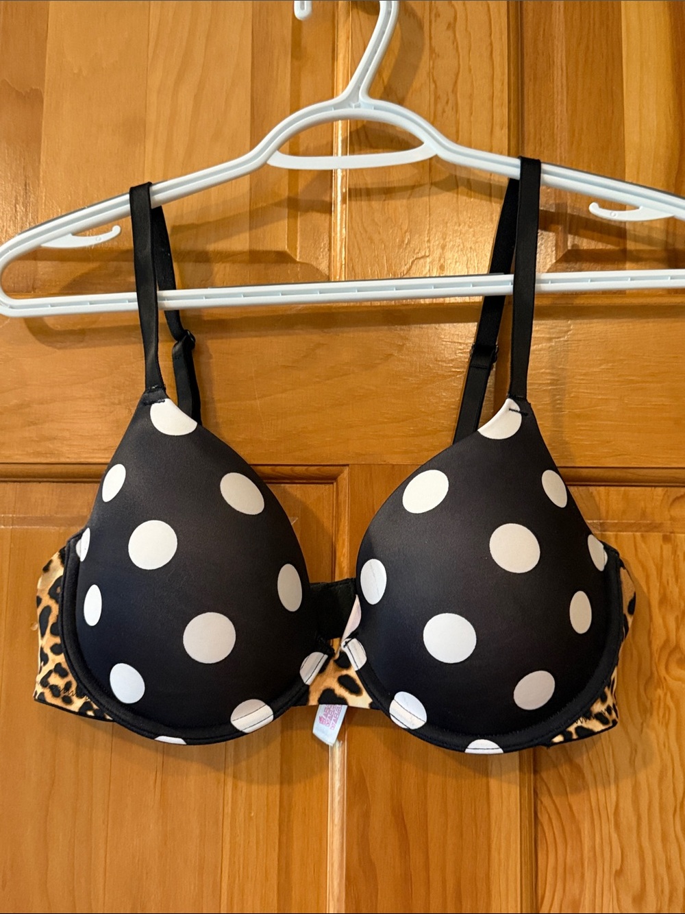 PINK Victoria's Secret Black & White Polka Dot Bra with Leopard Trim